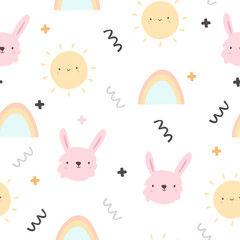 cute seamless pattern with cute bunnies rainbow and sun