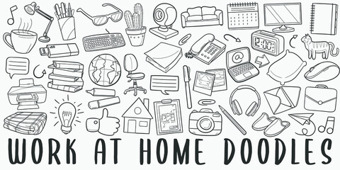 Work at Home, doodle icon set. Tele working Style Vector illustration collection. Banner Hand drawn Line art style.