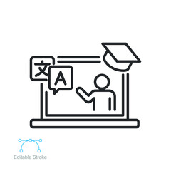 Online language tutoring line icon. Virtual learning of foreign languages. Distance education training with personal tutor course. Editable stroke vector illustration design on white background EPS 10