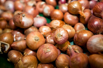 Close-up of onions in grocery store