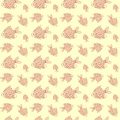 Seamless pattern with red fish on yellow background.