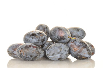 Several ripe organic Damson plums, close-up, isolated on white.