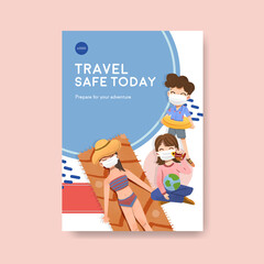 Fototapeta premium Poster template with COVID-19 prevention concept design for new normal lifestyle watercolor vector illustration.