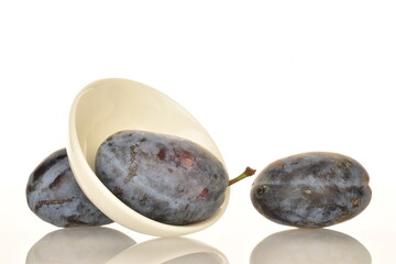 Several ripe organic Damson plums, close-up, isolated on white.