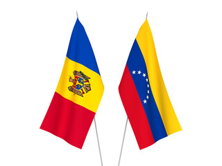 National fabric flags of Moldova and Venezuela isolated on white background. 3d rendering illustration.
