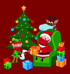 santa claus, elf and reindeer wearing face masks
