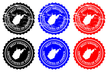 West Virginia - rubber stamp - vector, West Virginia (United States of America) map pattern - sticker - black, blue and red 
