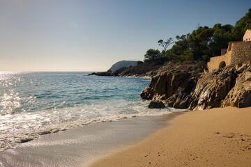 Fototapeta na wymiar View of the south coast from Castell de Palamos beach, Costa Brava, Catalonia, Spain