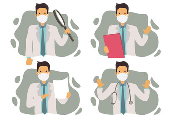 Set of four doctors with tools.