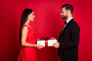 Profile photo of nice optimistic couple give present wear suit dress isolated on red color background