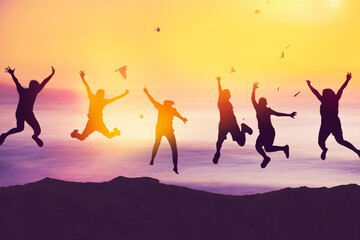 Happy friend jumping at tropical sunset beach background.