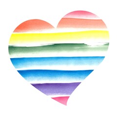 Image of a striped heart. Heart symbol of love is painted with stripes of rainbow color. Bright ribbons hand painted with watercolors