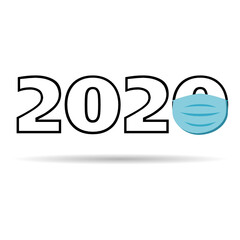 2020 lettering with blue facemask isolated in white background