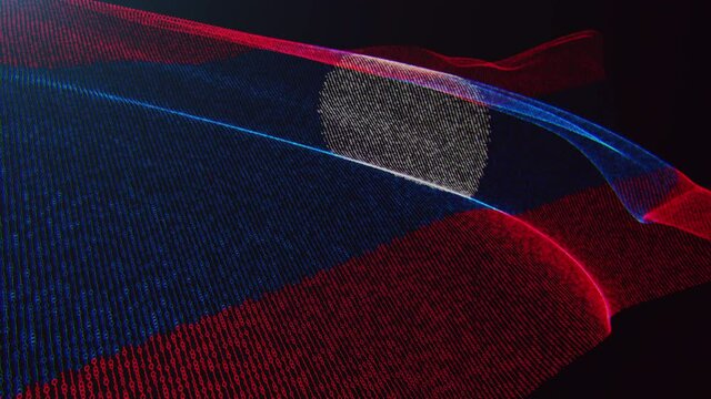 3d render. Laos digital flag with binary code texture flies in the wind. Seamless loop.