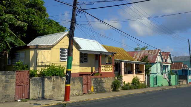 Basseterre, St Kitts and Nevis - December 2019: Typical local colorful wooden houses in one of the neighborhoods