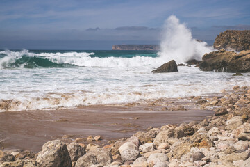 Praia do Telheiro with huge waves, Vila do Bispo - Sagres, Portugal.