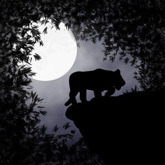 illustrated silhouette of tiger walking on midnight  over the forest .