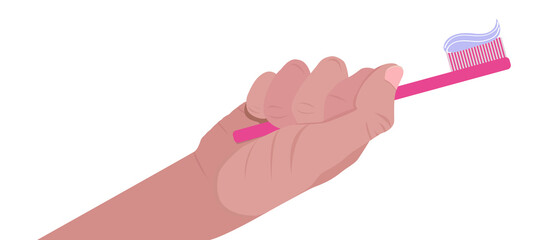 Hand holding a toothbrush with toothpaste isolated on white background. Vector illustration in a flat style. Brush your teeth. Oral hygiene