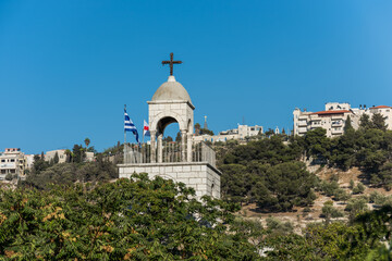 Top of the Greek Orthodox Church of St. Stephen, or The St. Stephen's Basilica, a Catholic church, located in the Kidron Valley or King's Valley,  outside the walls of the Old City of Jerusalem,