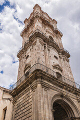 Fototapeta premium Belfry of the Malaga Cathedral. Renaissance Cathedral - Roman Catholic Church in the city of Malaga constructed between 1528 and 1782. Malaga, Costa del Sol, Andalusia, Spain.