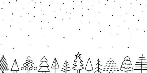 Vector cozy Christmas doodle banner. Outline cute Scandinavian Christmas fir tree, falling snow on white background. Fabulous winter holiday night. New Year festive mood vector copy space illustration