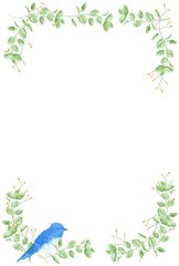 Fototapeta premium 優しいタッチの幸せを運ぶ青い鳥とユーカリのフレーム