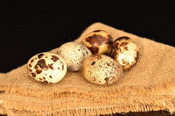 Fresh quail eggs, close-up, isolated on black.