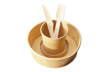 Paper plate and cup with wooden knife and fork from a takeaway restaurant. Disposable eco friendly. Isolated on a white background. Netherlands
