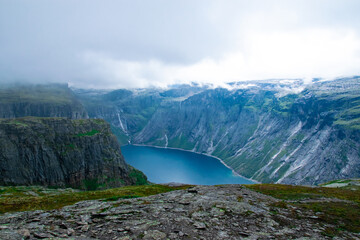 Ringedalsvatnet lake near Trolltunga in Norway, Ringedalsvatnet - blue lake in the municipality of Odda in Hordaland county.
