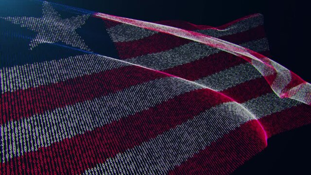 3d render. Liberia digital flag with binary code texture flies in the wind. Seamless loop.