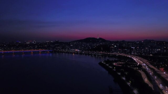 Twilight of seoul at han river in south korea.Aerial view