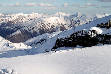 snow covered mountains on the way to the top of Kazbegi
