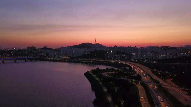 Twilight of seoul at han river in south korea.Aerial view