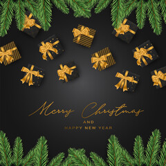 Christmas banner or poster background. Xmas celebration black luxury design. Winter holiday concept. Presents with golden ribbon, bow, and green fir tree branches. Realistic vector illustration.