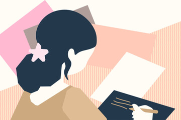 Back view of woman sitting at desk, writing (letters, invitations, notes…) on sheets of paper. Home office vector illustration.