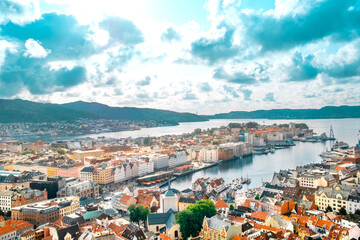 Fototapeta premium Top view of the harbor and buildings in Bergen. One of the largest cities in Norway