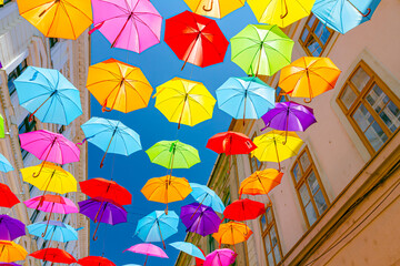 Fototapeta na wymiar Decoration with hanging umbrellas