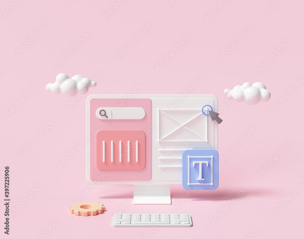 Poster mobile application, software and web development with 3d shapes, bar chart, infographic on pink back