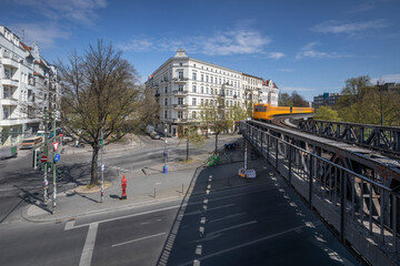 A Berlin Underground train approaching the station Schlesishes Tor