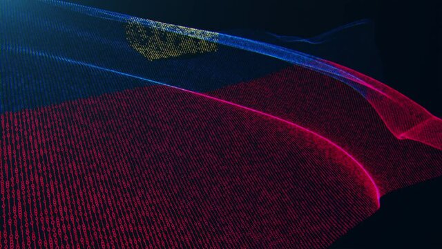 3d render. Liechtenstein digital flag with binary code texture flies in the wind. Seamless loop.