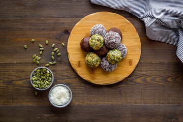 Energy protein balls with ingredients, top view