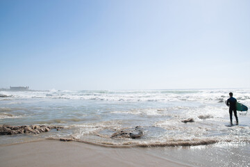 Matosinhos beach in Porto, Portugal. Cruise terminal, rocks and beach by the Atlantic Ocean. Big...