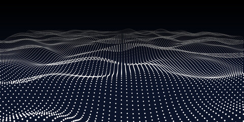 Abstract background from particle flow in wave lines on dark. Futuristic waveform element. Vector illustration.