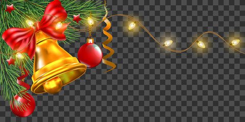 Christmas fur tree with tradition decor, bell and lights on transparent. Holiday vector for design.