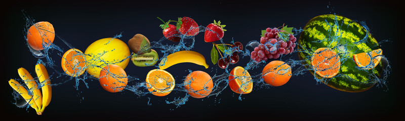 Fototapeta na wymiar Panorama with fruits in water - juicy orange, banana, melon, kiwi, strawberry, grapes, watermelon increase human immunity