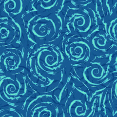 Seamless vector pattern of spirals of torn lines and corners of turquoise color on a blue background.Texture of swirls and curls.