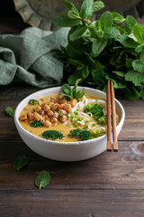 Laksa noodle soup With pumpkin and broccoli, thai spicy soup