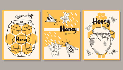 A set of cards on the theme of honey. Vector illustration in engraving style.