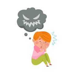 Frightened Boy Sitting and Imagining Spooky Monster Vector Illustration