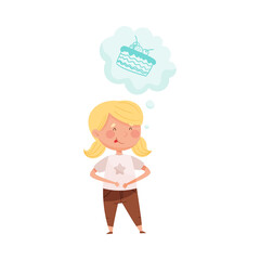Delighted Red Cheeked Girl Standing and Dreaming about Sweet Cake Vector Illustration